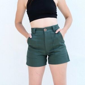 Beaton Linen utility handmade shorts in forest
